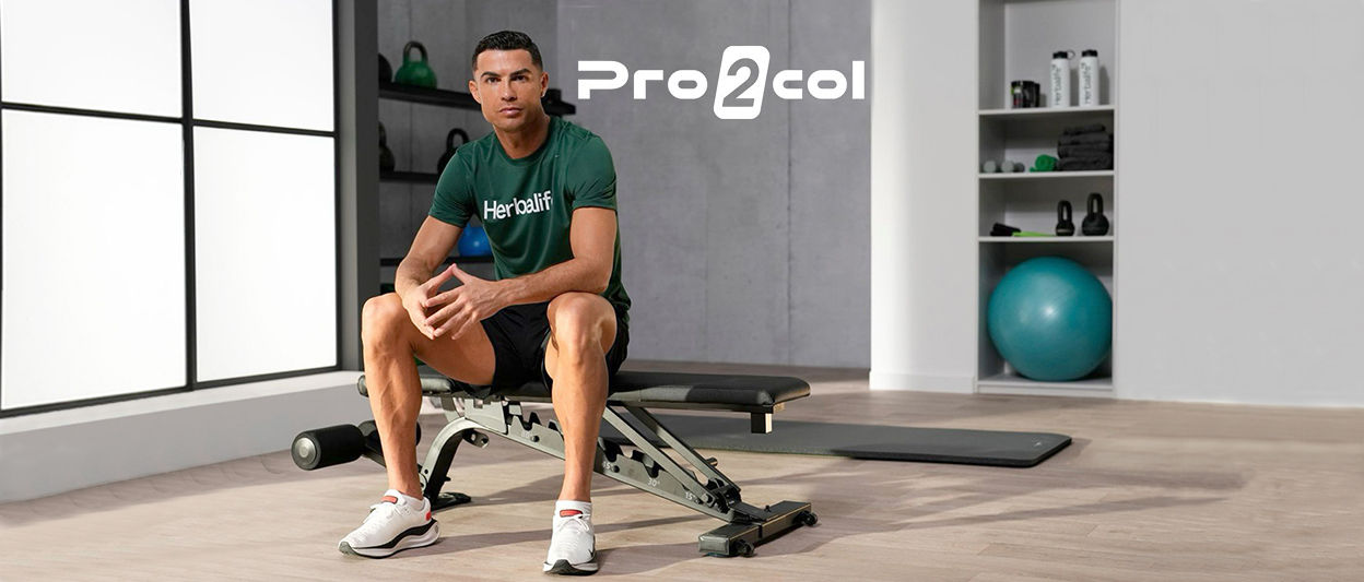 Pro2col branded image of Cristiano Ronaldo sitting on a bench at the gym